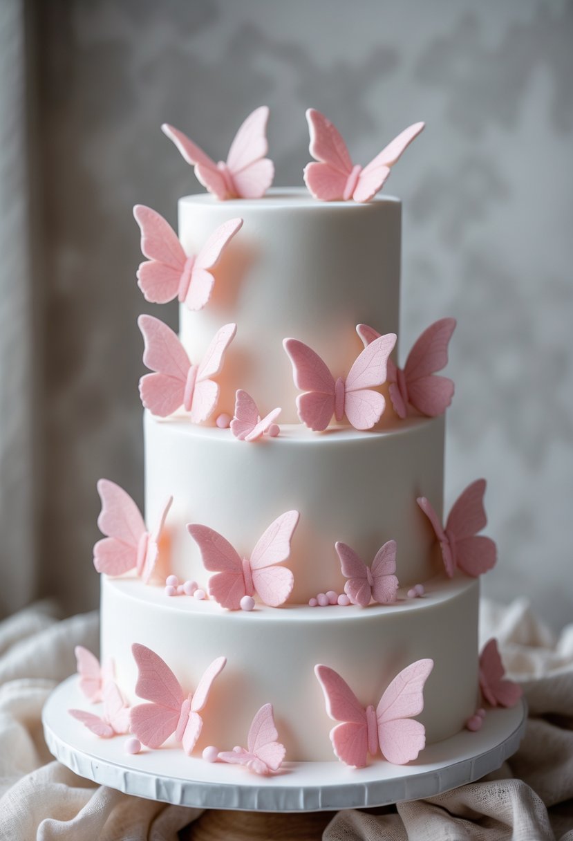 A white cake decorated with delicate pink sugar butterflies on its tiers.
