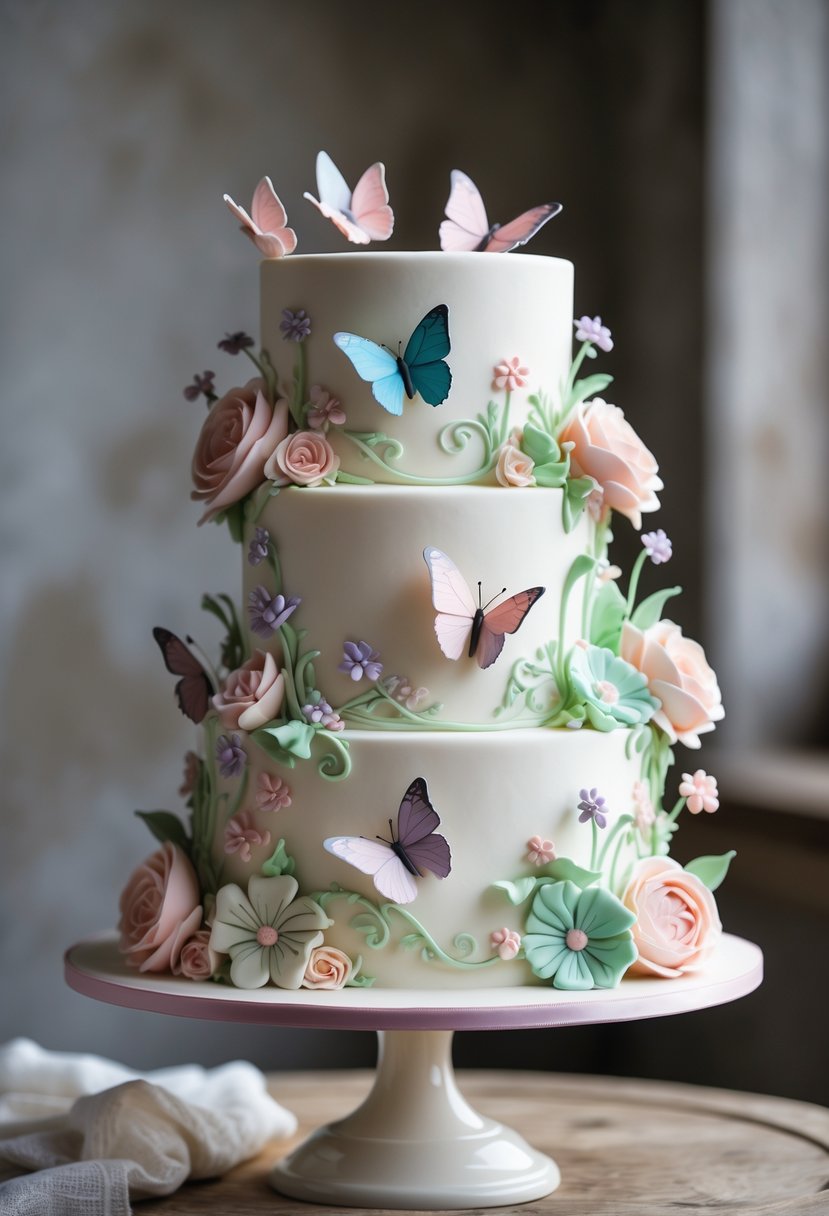 A multi-tiered white cake decorated with colorful butterflies and floral piping, displayed on a wooden table.