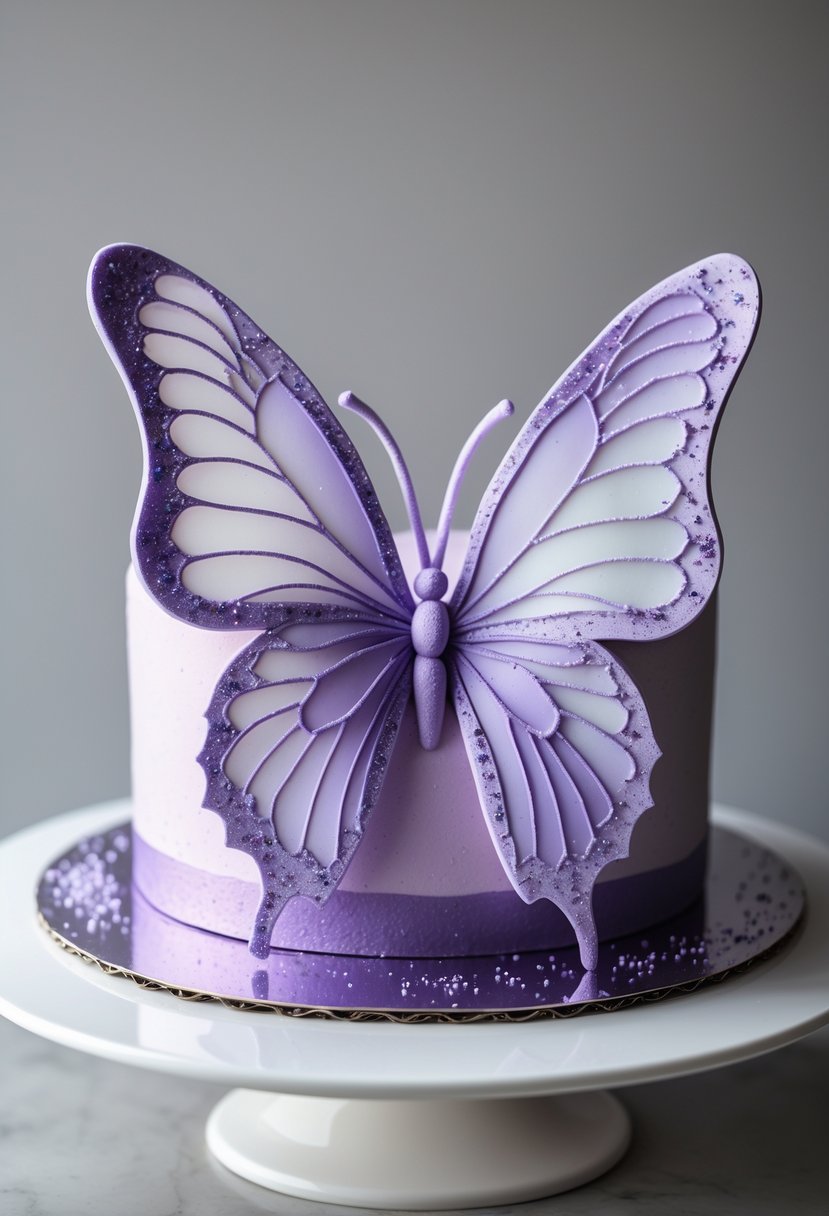 A butterfly-shaped cake with soft purple wings decorated with sparkling details on a white plate.