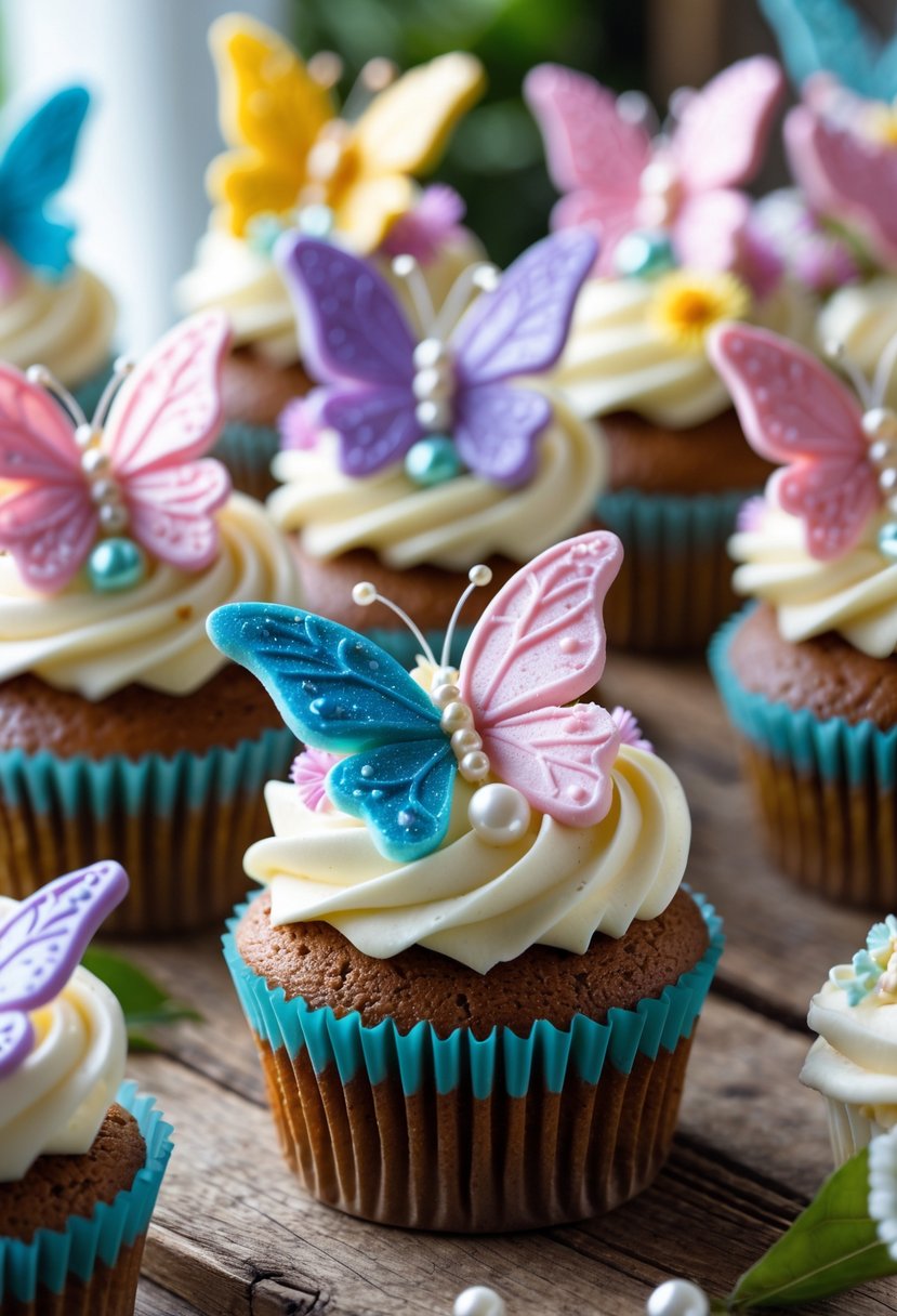 A variety of cupcakes decorated with colorful edible butterfly decorations arranged on a wooden surface.