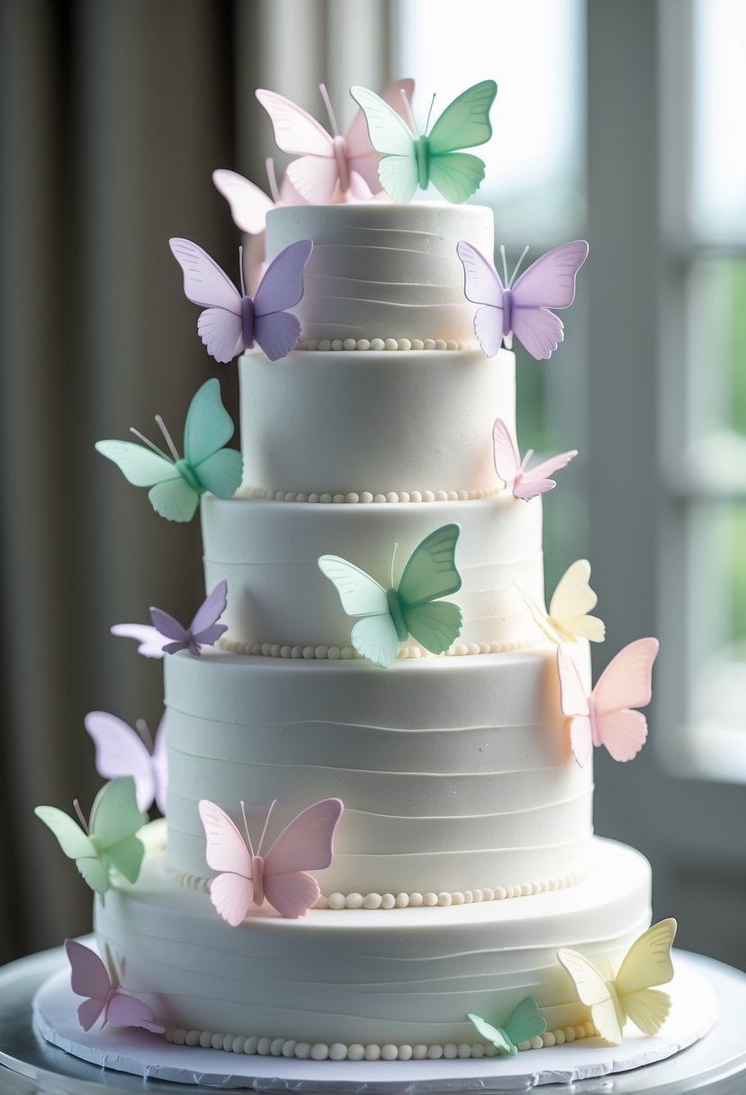 A multi-tiered white cake decorated with pastel-colored butterfly toppers on each tier.