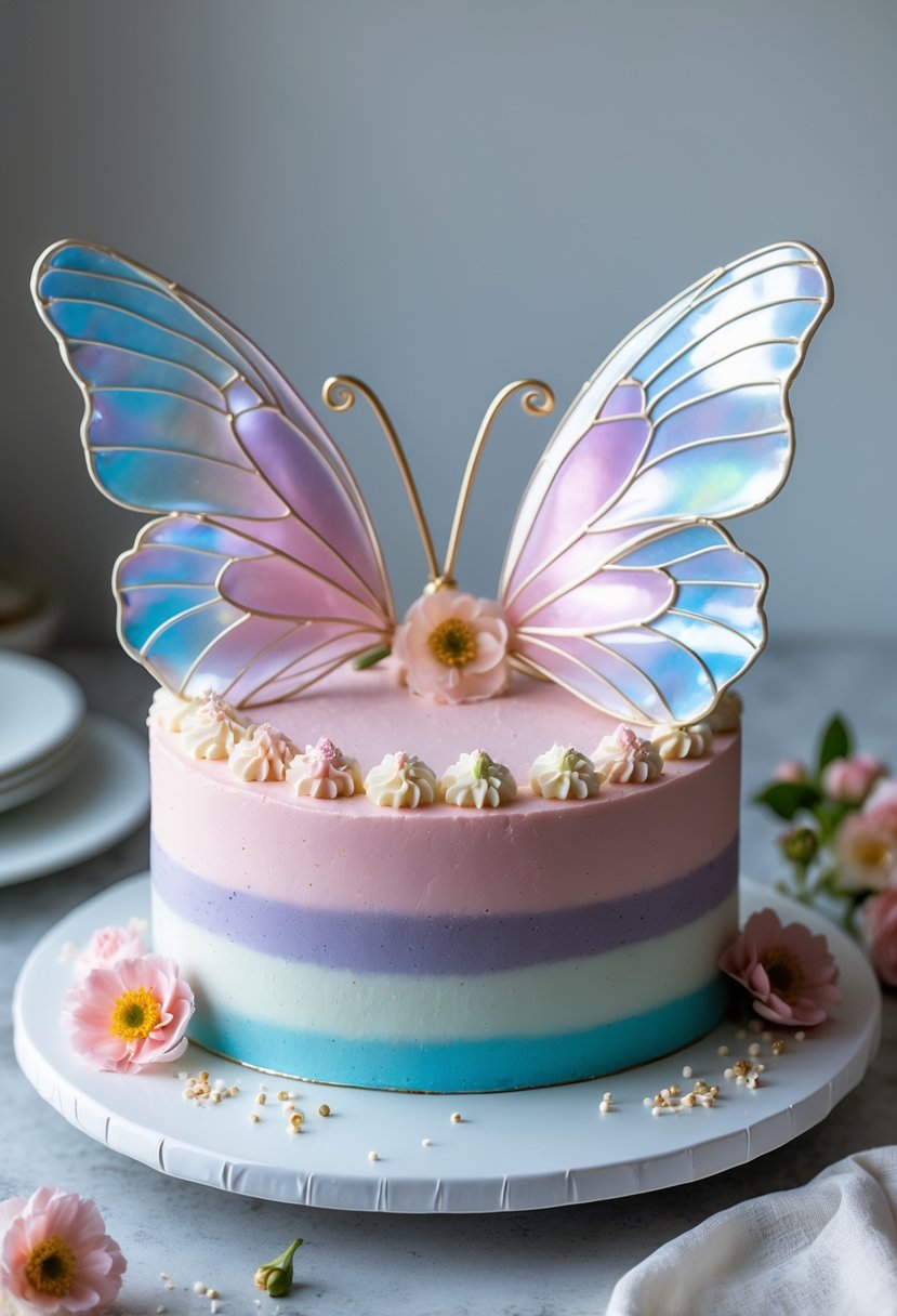 A butterfly-shaped cake with shiny gradient-colored wings on a white plate, decorated with small edible flowers.