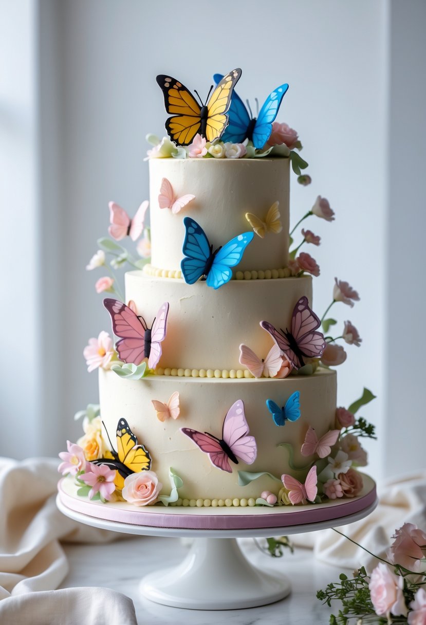 A multi-tiered cake decorated with colorful sugar butterflies and floral accents on a clean surface.