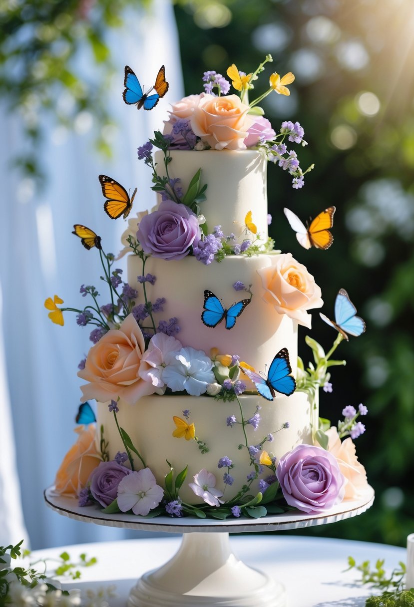 A multi-tiered cake decorated with fresh flowers and colorful butterfly decorations, displayed on a white stand.