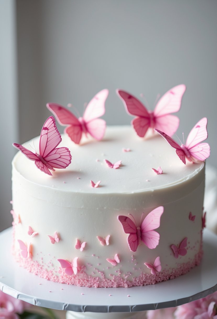A white cake decorated with pink butterfly decorations on a neutral background.