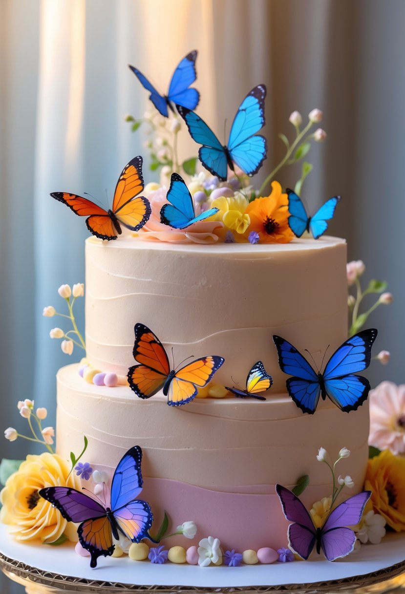 A multi-tiered birthday cake decorated with colorful, lifelike butterflies resting on pastel frosting, surrounded by subtle floral accents.