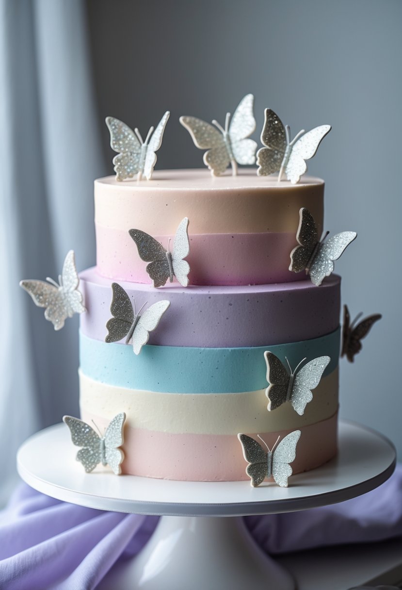 A pastel ombre cake decorated with glittering butterfly cutouts on a white cake stand.