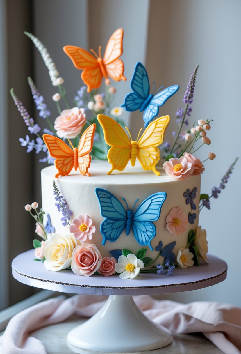 A beautifully decorated cake with colorful edible butterflies and floral icing embellishments on a white cake stand.