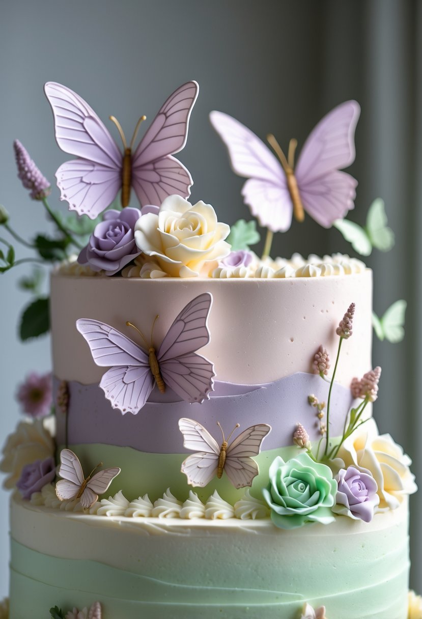 A beautifully decorated cake adorned with delicate butterfly decorations and pastel-colored frosting.