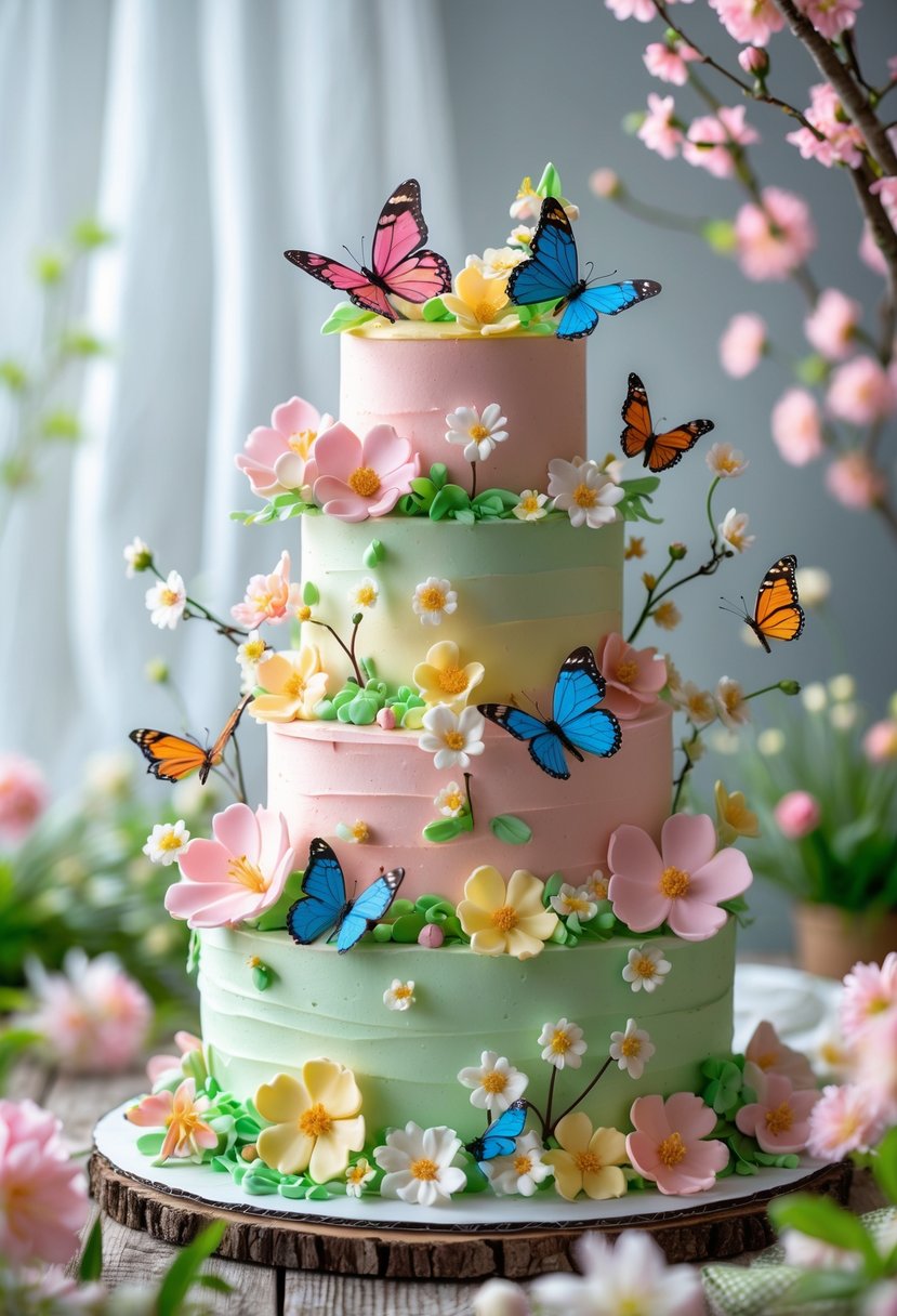 A multi-tiered spring-themed cake decorated with edible butterflies and colorful blossoms on a wooden table with flowers around it.