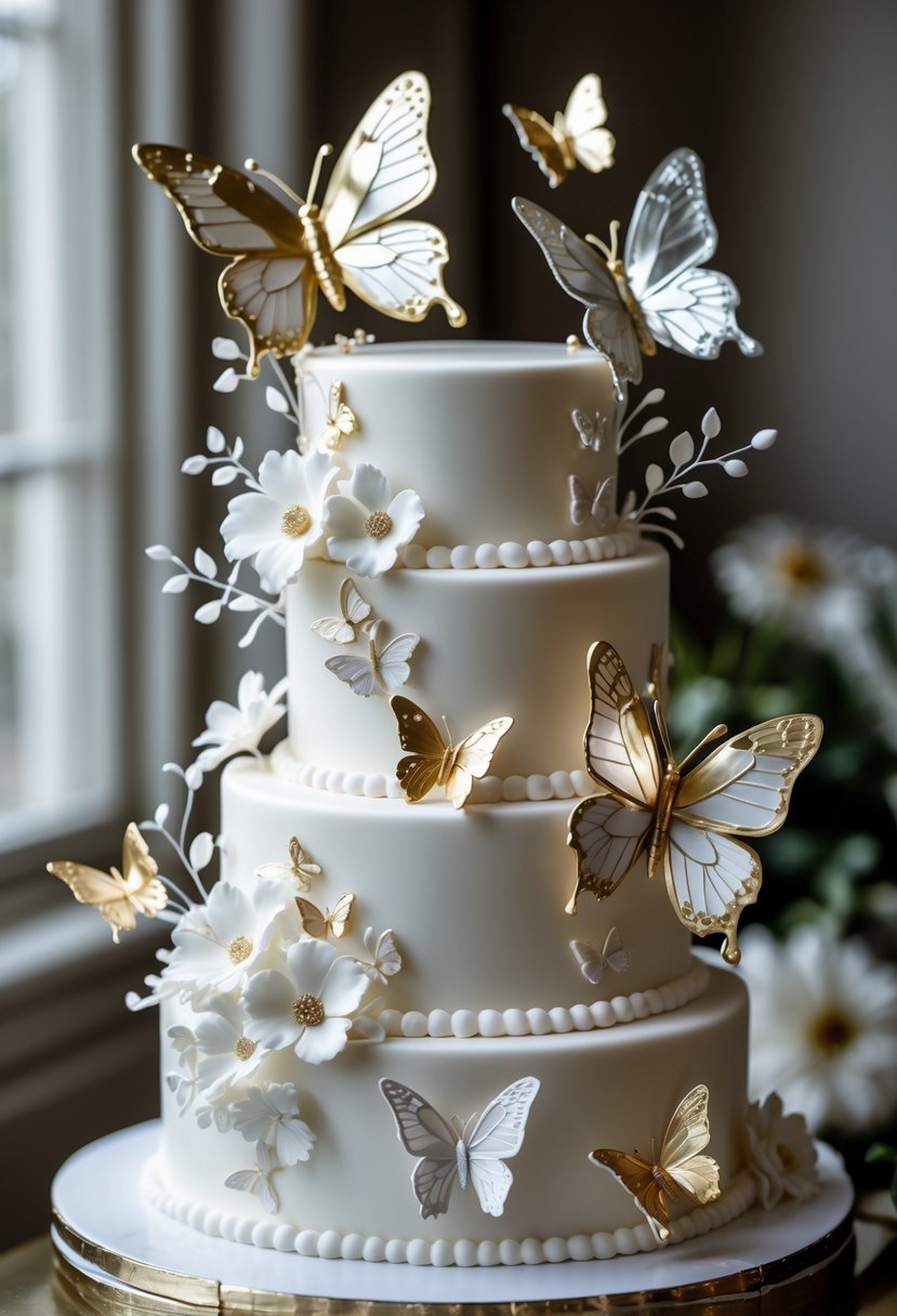 A multi-layered white cake decorated with realistic butterfly designs featuring metallic gold and silver accents and a glossy finish.