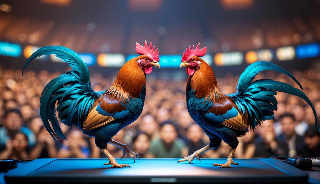 Dua ayam petarung sedang bertarung dengan latar belakang penonton yang antusias dan perangkat digital yang menampilkan pertandingan secara langsung.