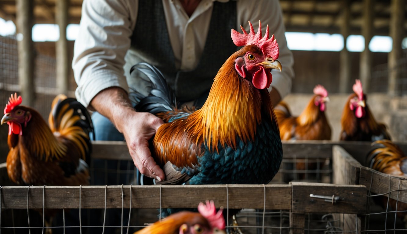 Seseorang sedang memilih ayam petarung dengan hati-hati di lingkungan peternakan ayam sabung.