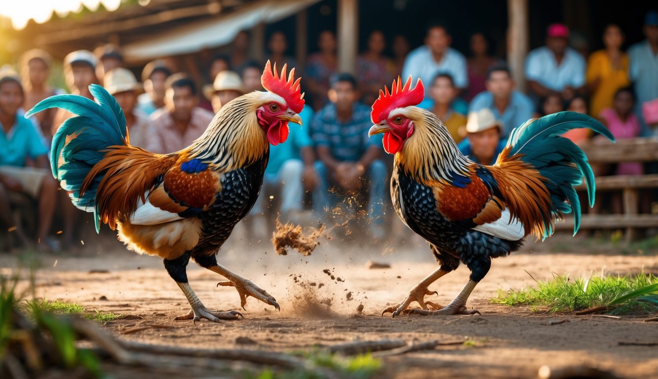 Dua ayam petarung berwarna-warni sedang bertarung di luar ruangan dengan penonton yang memperhatikan di latar belakang.