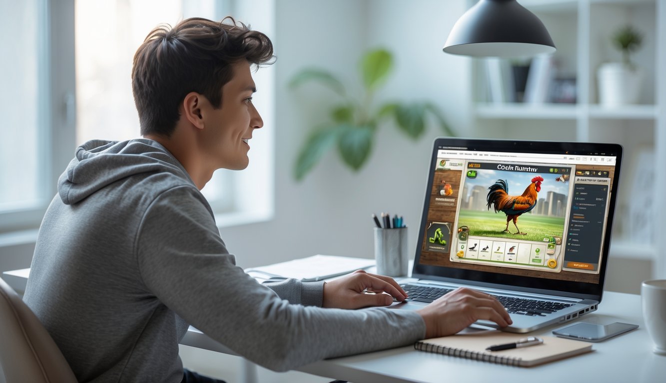 Seorang pria muda duduk di meja dengan laptop, fokus bermain permainan sabung ayam online di ruangan yang terang dan rapi.