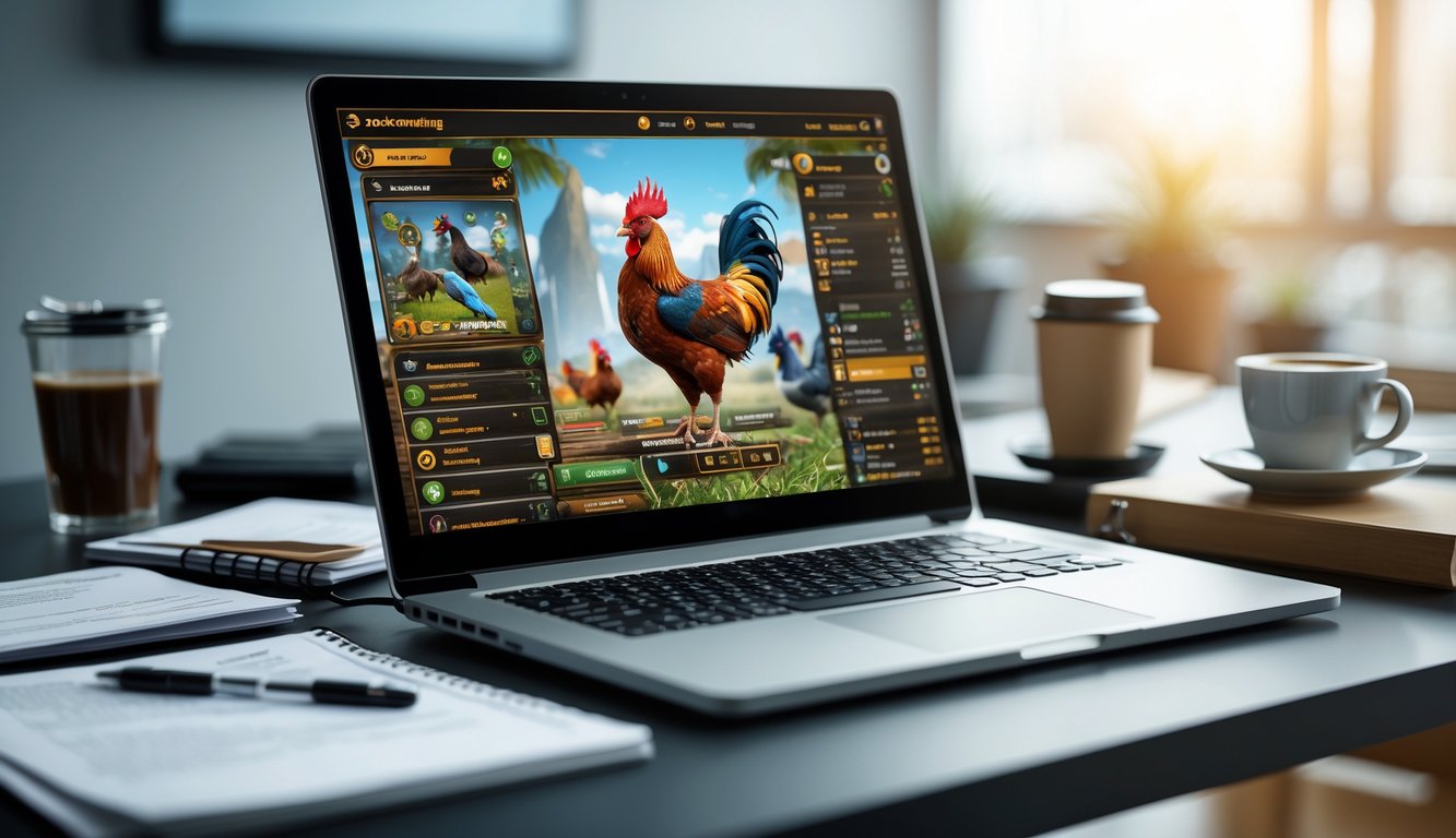 Seorang pria sedang duduk di depan laptop dengan tampilan permainan sabung ayam online, di meja terdapat catatan dan cangkir kopi.