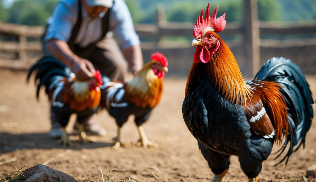 Seekor ayam petarung yang kuat dan sehat berdiri di arena sabung ayam dengan latar belakang suasana pedesaan dan seseorang sedang memegang ayam lain.