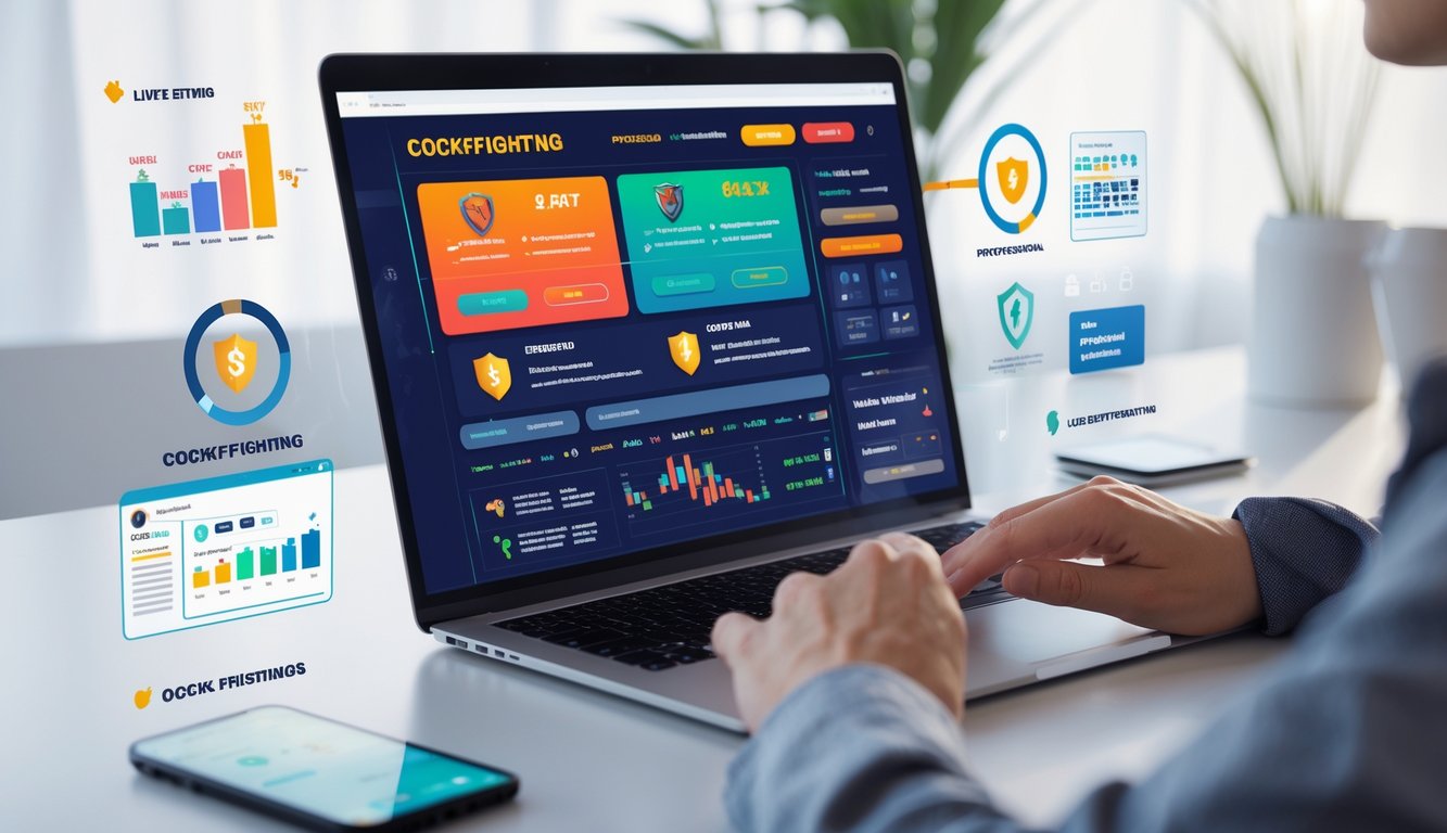 Seorang pengguna sedang menggunakan laptop yang menampilkan situs taruhan sabung ayam online dengan berbagai fitur lengkap di meja kerja yang rapi.