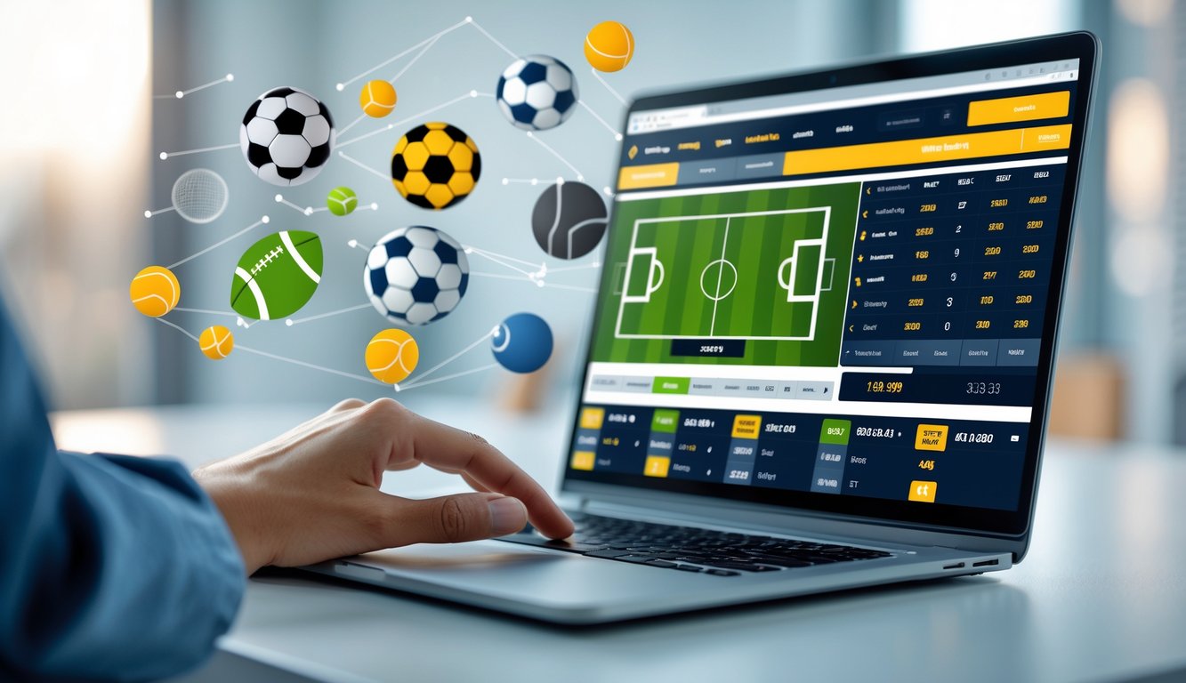 Seorang pengguna sedang menggunakan laptop dengan tampilan platform taruhan olahraga online yang menampilkan statistik dan pilihan taruhan sepak bola.