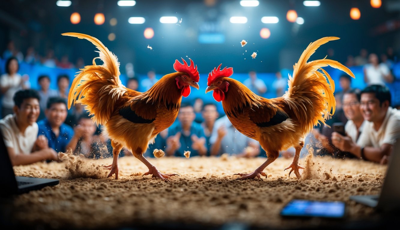 Dua ayam jago sedang bertarung di depan penonton yang menonton melalui perangkat digital.