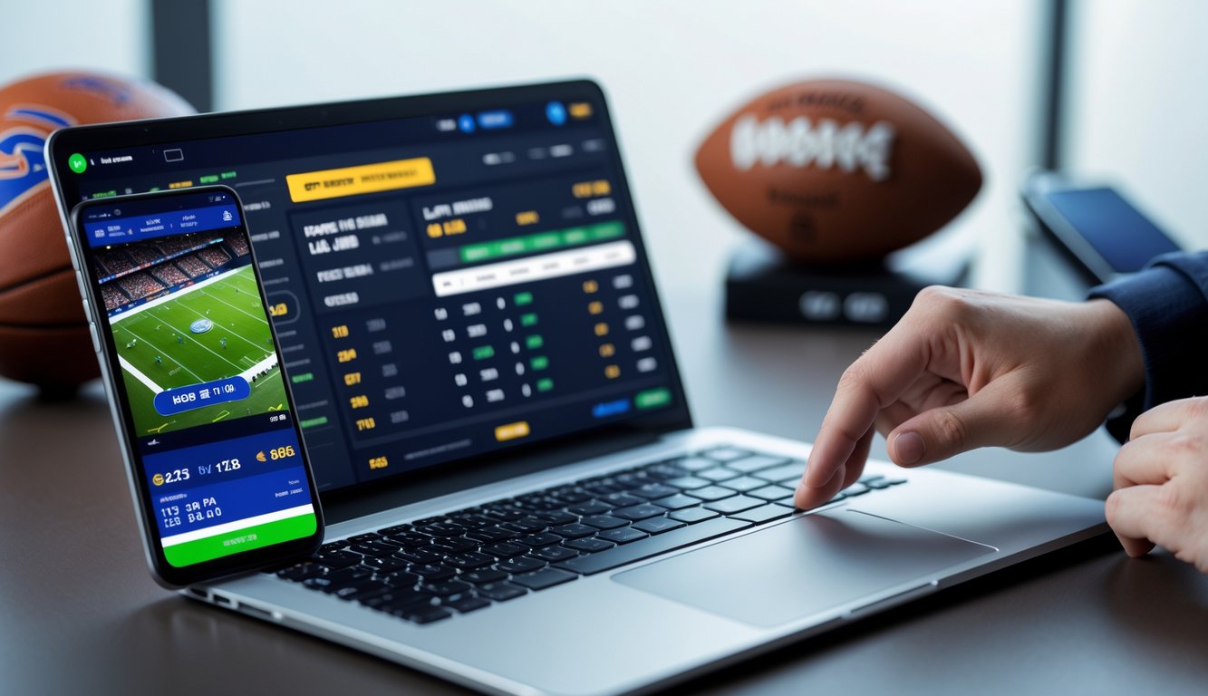 Seorang pengguna sedang menggunakan laptop dan ponsel untuk taruhan olahraga dengan hasil langsung di meja kerja yang rapi.