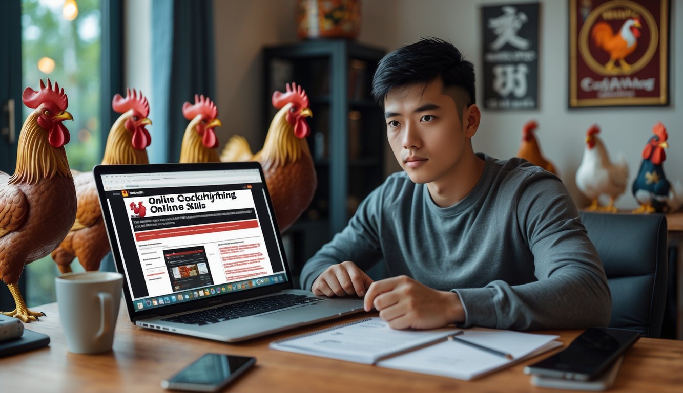 Seorang pemula sedang belajar keahlian sabung ayam online di depan laptop di sebuah ruangan yang nyaman.