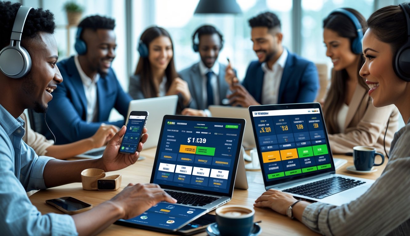 Beberapa orang menggunakan perangkat digital untuk taruhan olahraga online dengan berbagai pasar taruhan di layar.