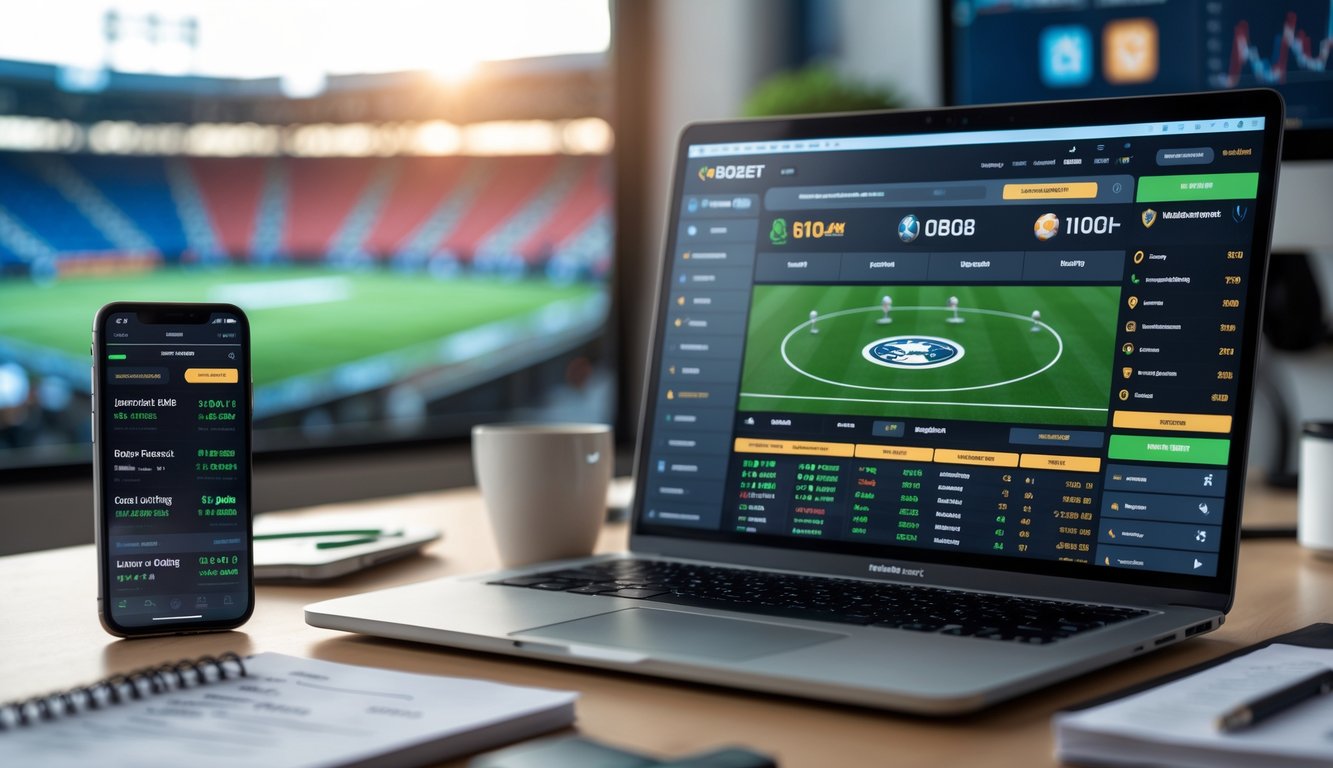 Meja kerja modern dengan laptop yang menampilkan situs taruhan olahraga online, ponsel dengan skor pertandingan, dan latar belakang monitor yang menampilkan stadion olahraga.