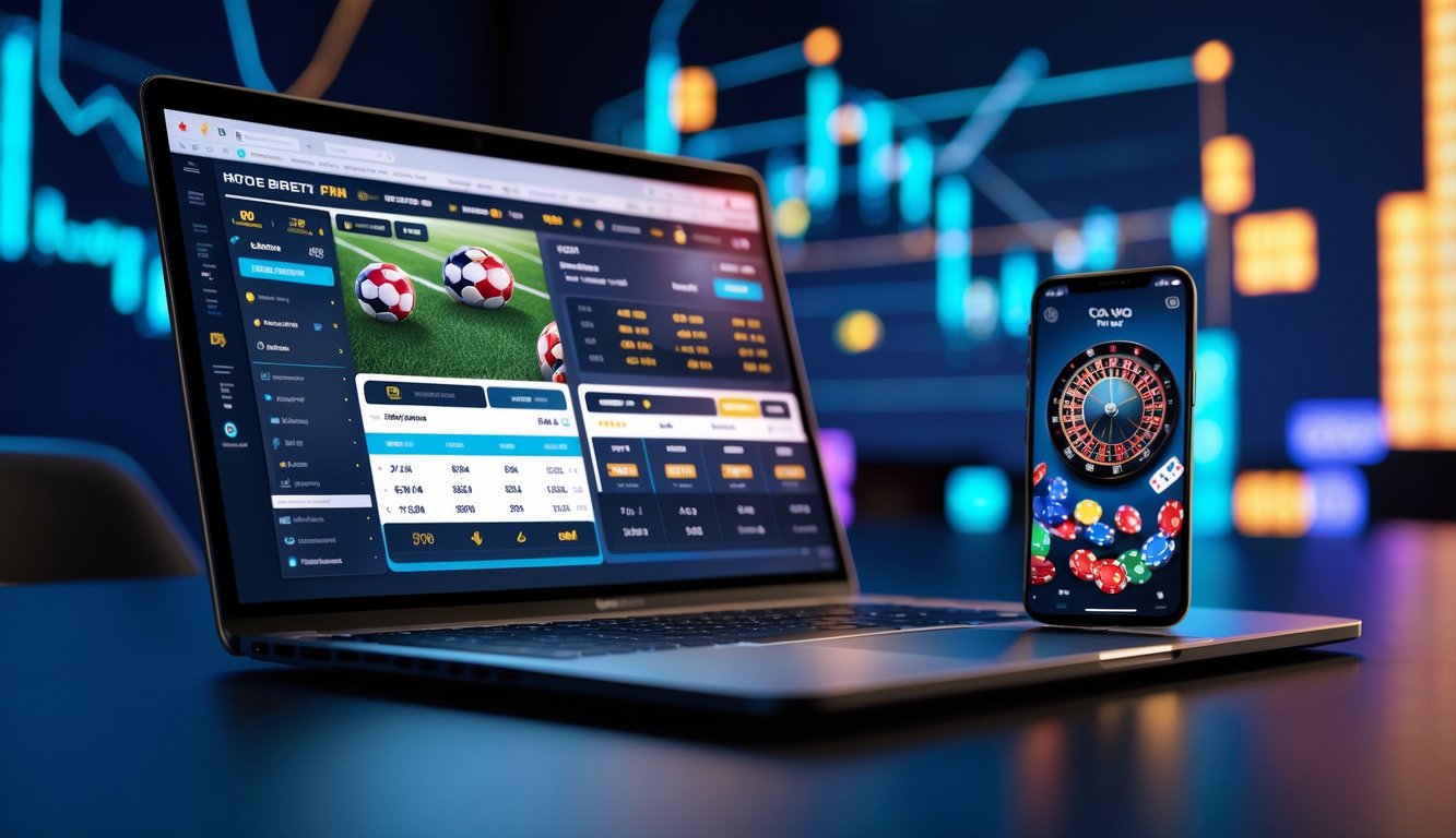 Sebuah meja kerja dengan laptop dan ponsel yang menampilkan permainan taruhan olahraga dan kasino secara interaktif.