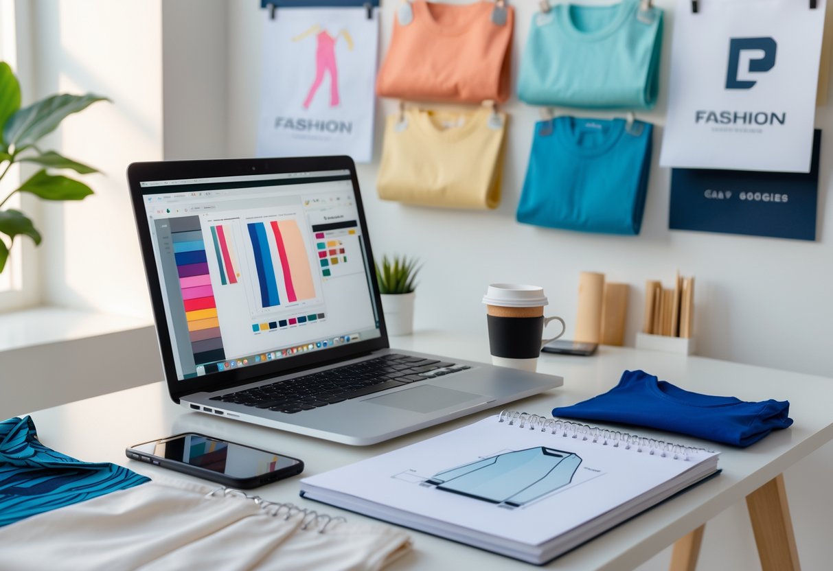 A workspace with a laptop, fabric swatches, clothing sketches, and mood boards related to clothing design and branding.
