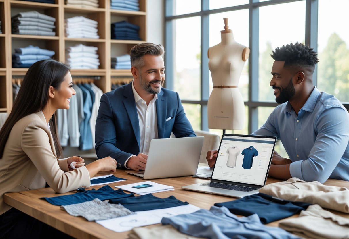 Two business professionals discussing clothing samples and designs in a modern office setting.