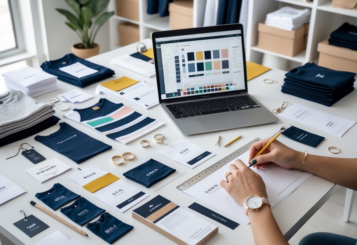 A workspace with clothing tags, fabric samples, design sketches, and a laptop showing design software, with hands working on a clothing label mockup.