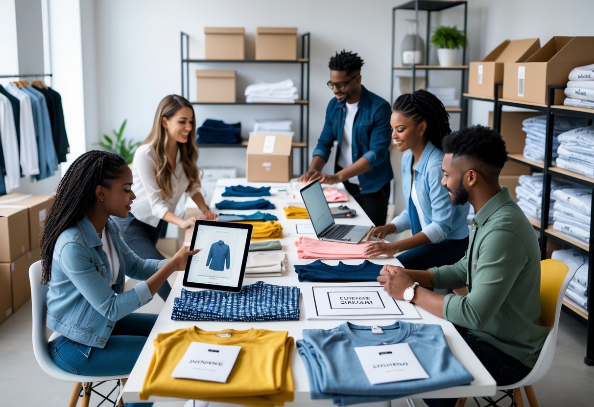A group of people working together in an office with clothing samples, sketches, and packaging materials, preparing to launch a clothing brand.