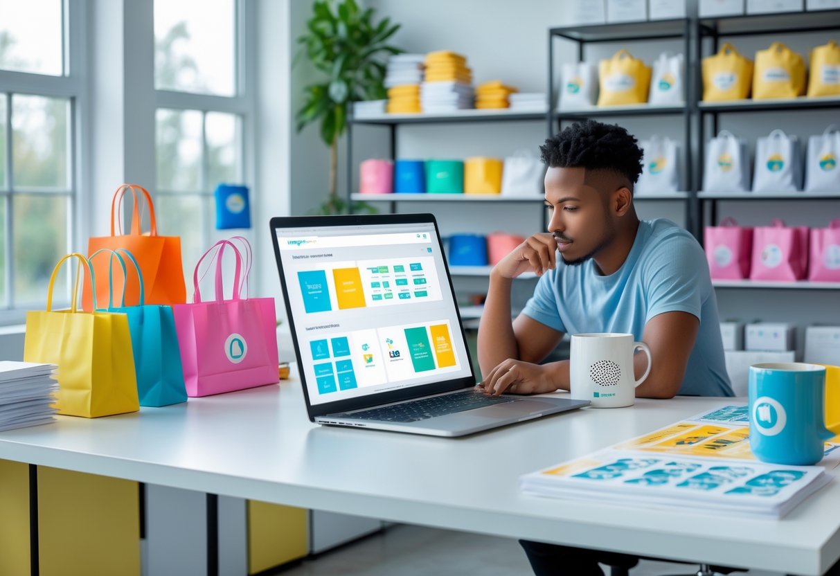 A person working at a bright desk with a laptop and colorful printed products like t-shirts and mugs, surrounded by packaging materials in a small business workspace.
