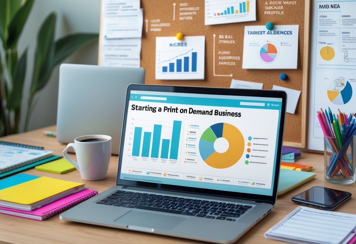 A workspace with a laptop, notebooks, smartphone, coffee cup, and a board with notes and sketches related to choosing a niche and audience for a print on demand business.