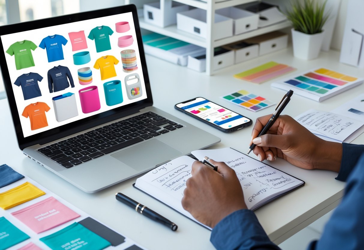 A person working at a desk with a laptop showing product designs, printed samples, a notebook with notes, and a smartphone, surrounded by office supplies and a plant.