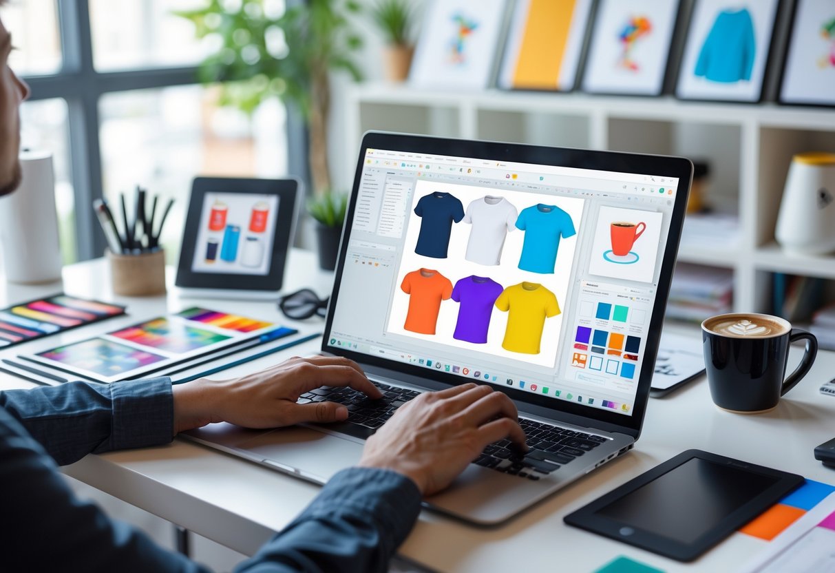 A person working on a laptop with colorful product designs on the screen, surrounded by sketches and printed merchandise samples in a bright workspace.