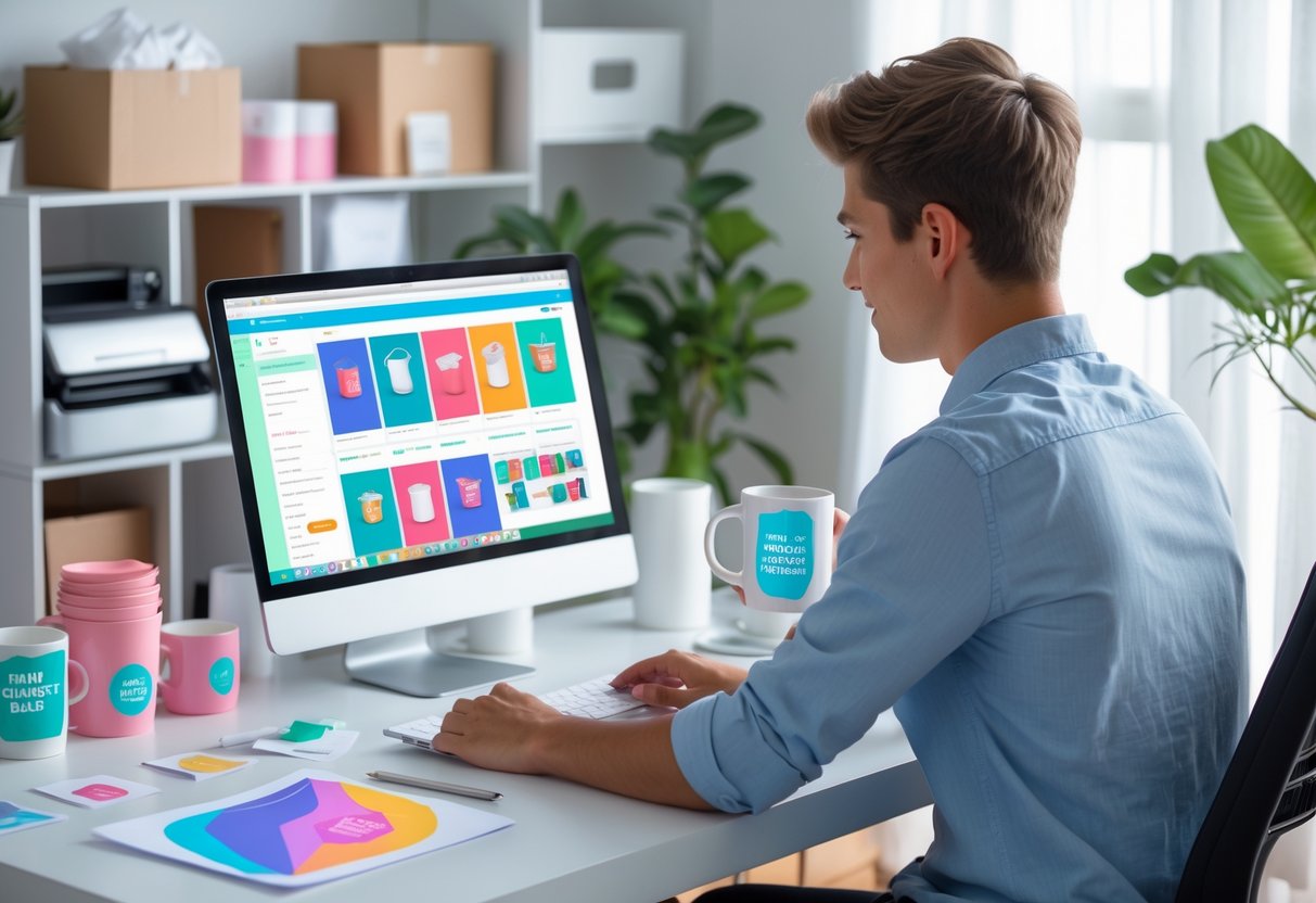 A person working on a laptop at a desk with print-on-demand products and packaging materials around them.