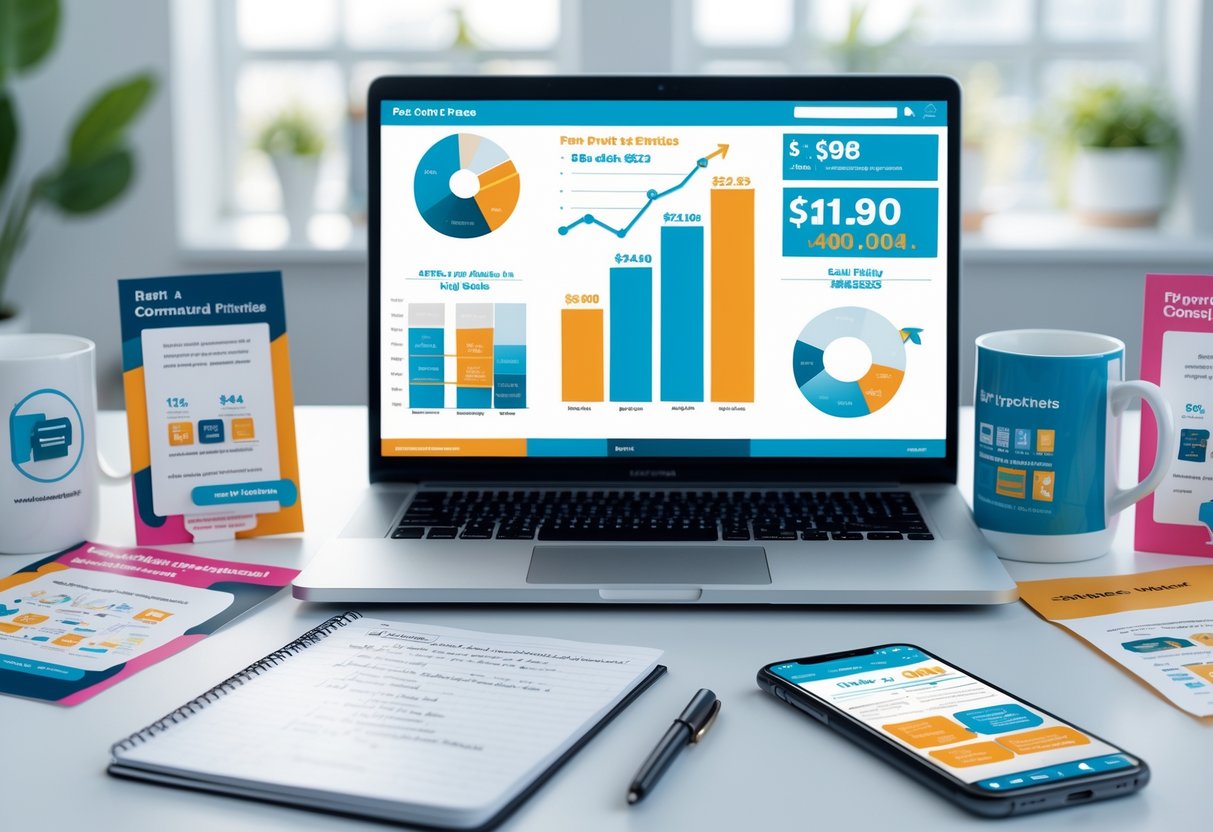 A workspace with a laptop showing sales charts, a notebook with notes, a smartphone with an e-commerce app, and sample print-on-demand products like t-shirts and mugs on a desk.