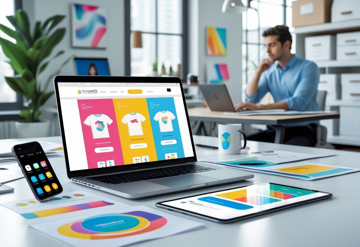 A person working at a desk with a laptop showing an online store, surrounded by design tools and print samples.