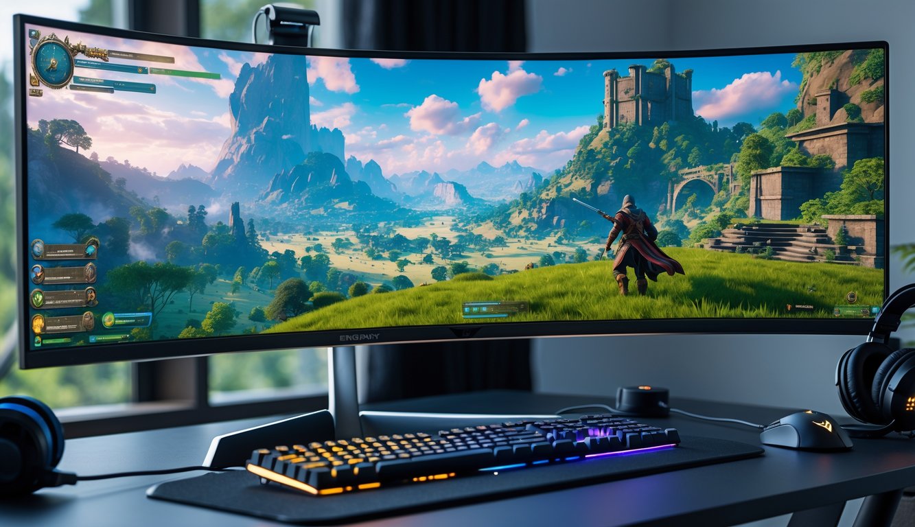 Seorang karakter dalam permainan RPG dunia terbuka menjelajahi lanskap fantasi yang luas dan indah di layar komputer.