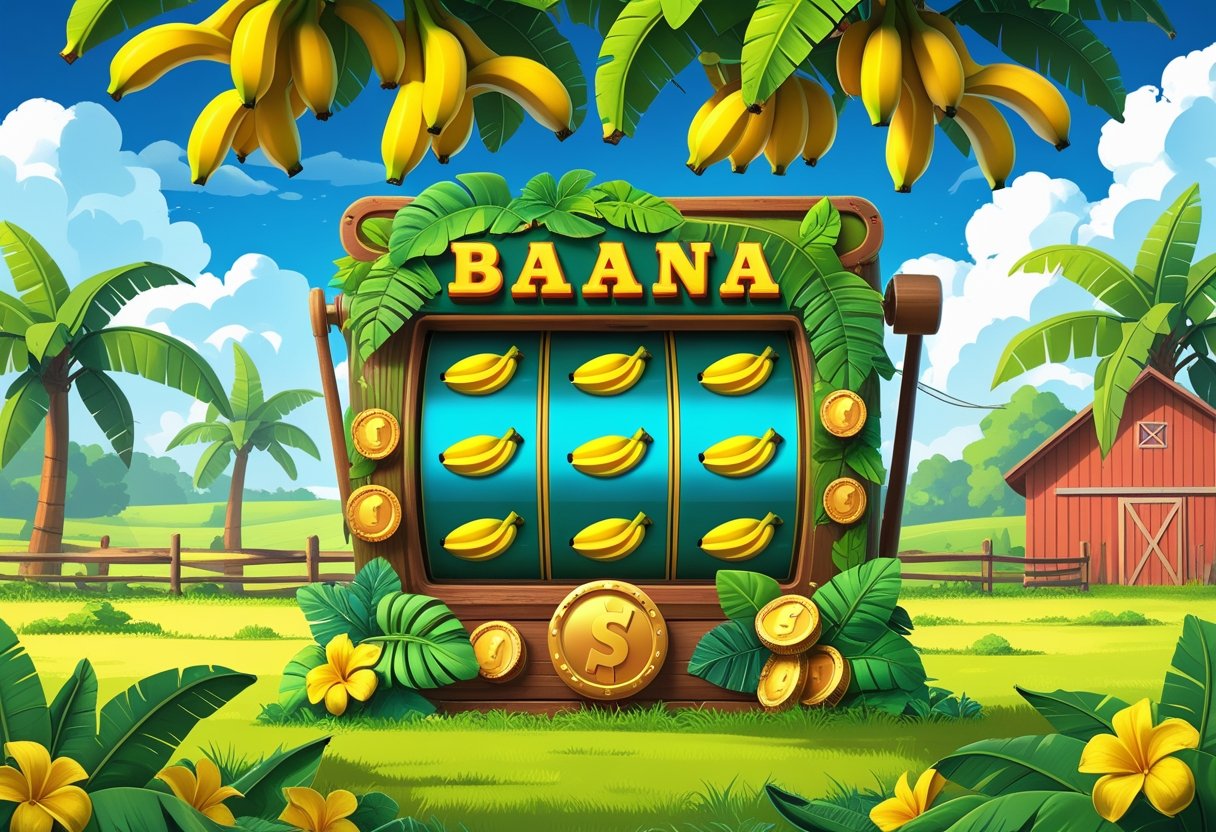 Ilustrasi ladang pisang dengan pohon pisang berbuah dan mesin slot bertema pisang di latar depan, dengan latar belakang ladang dan gudang kayu.