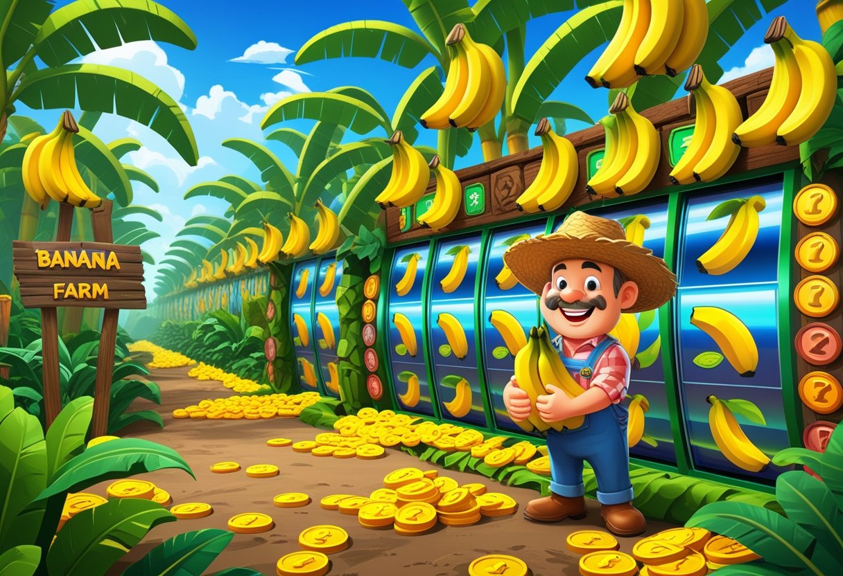 Ladang pisang dengan pohon pisang berbuah, petani memegang pisang, dan elemen mesin slot di sekitar ladang.