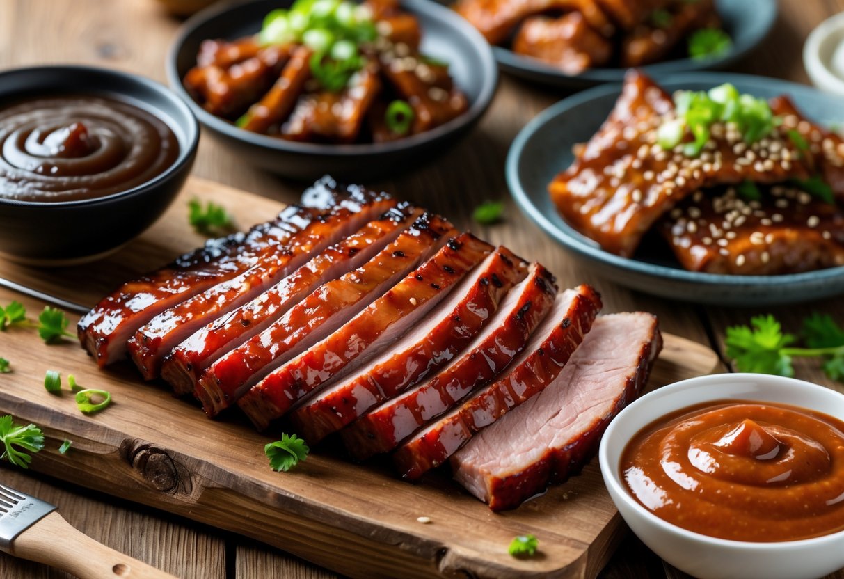 A spread of various BBQ dishes including Chinese BBQ pork, Korean marinated meat, and bowls of bourbon and Dr Pepper BBQ sauces arranged on a wooden surface.