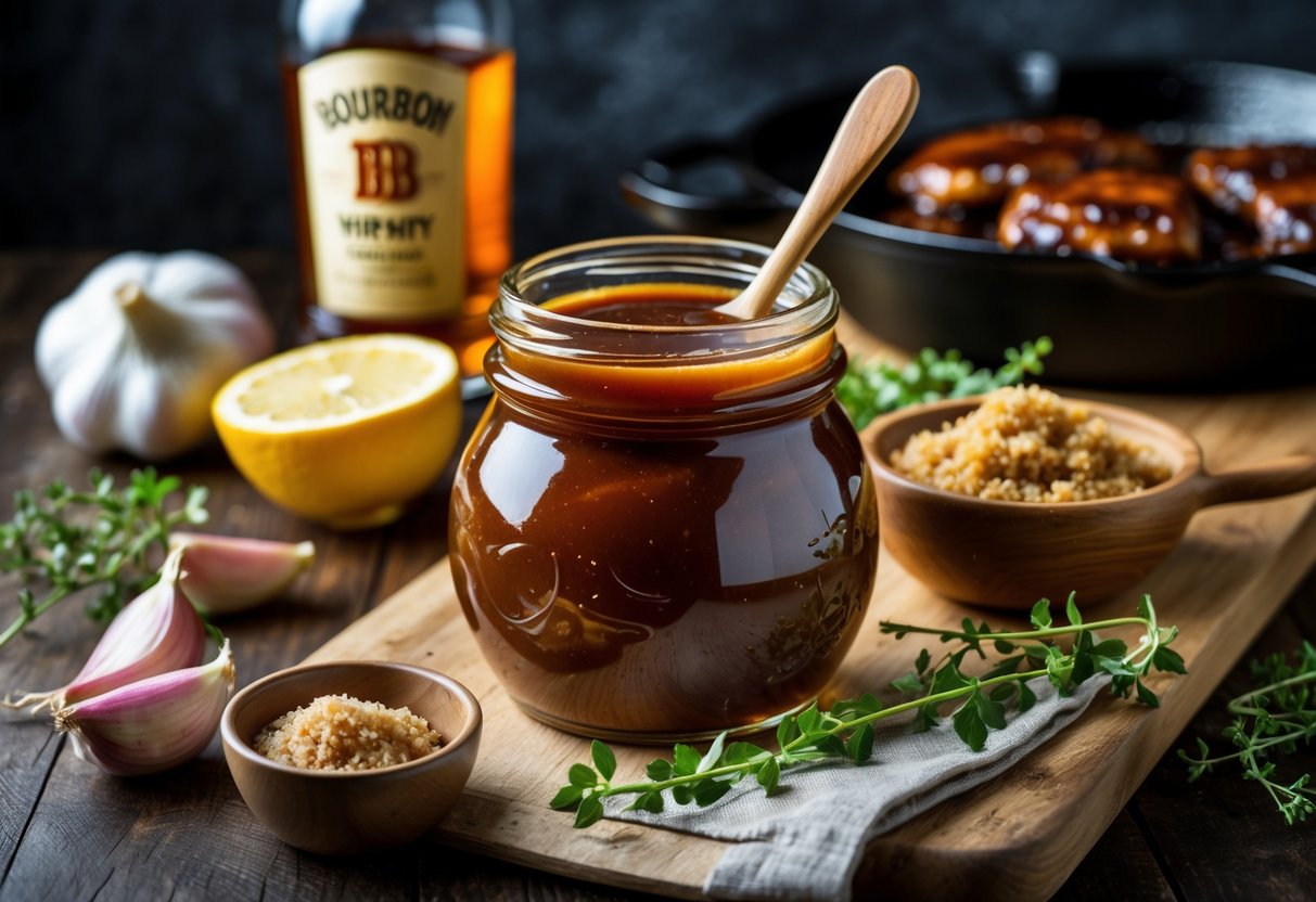 A jar of bourbon BBQ sauce with a wooden spoon, surrounded by fresh ingredients and a bottle of bourbon on a wooden surface.
