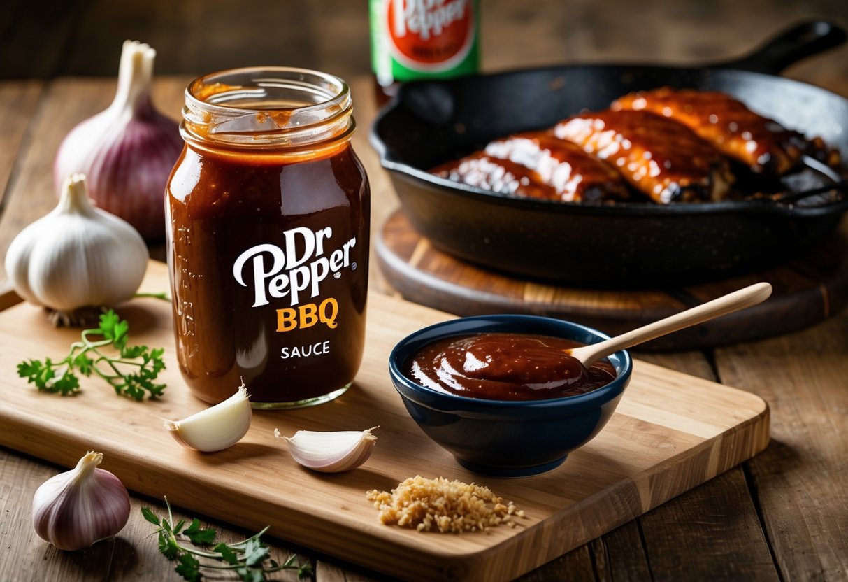 A jar of dark BBQ sauce on a wooden board with fresh ingredients and grilled meat in the background.