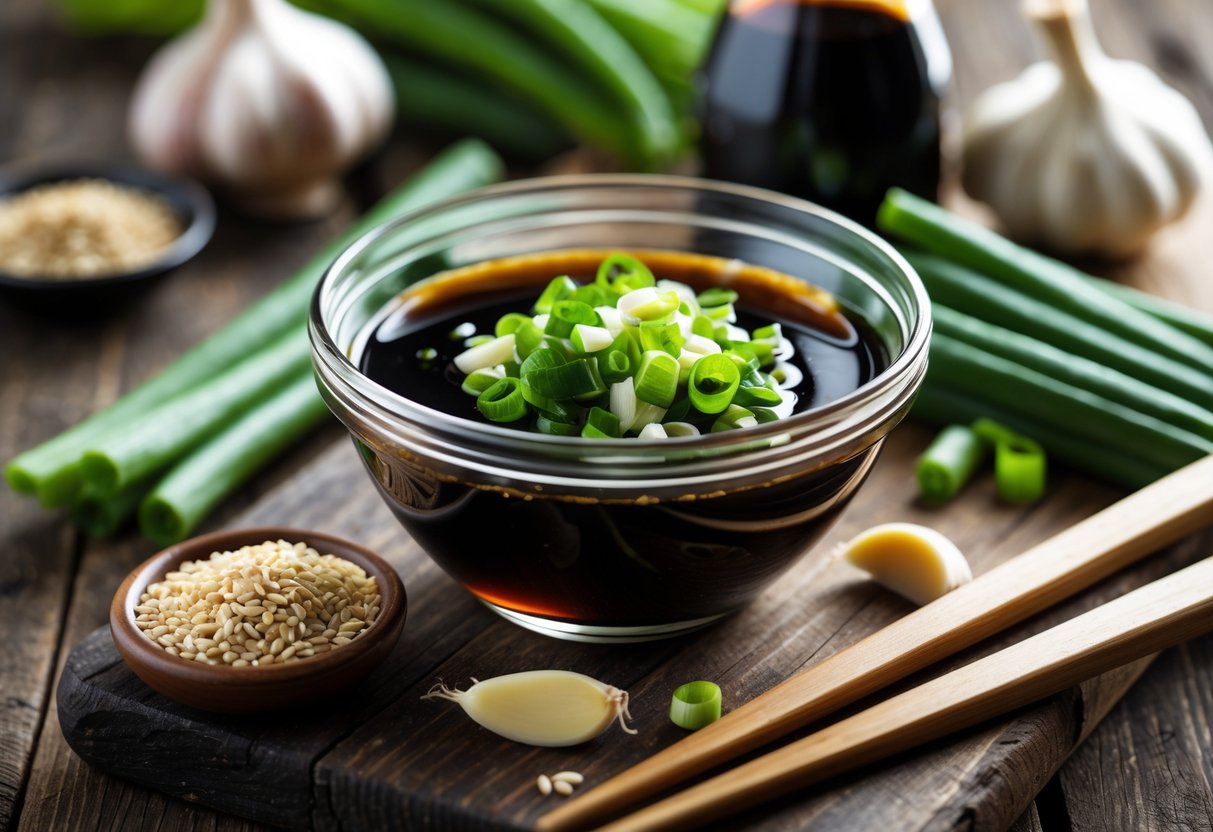 A bowl of Korean BBQ marinade surrounded by fresh ingredients like garlic, green onions, sesame seeds, and soy sauce on a wooden table.