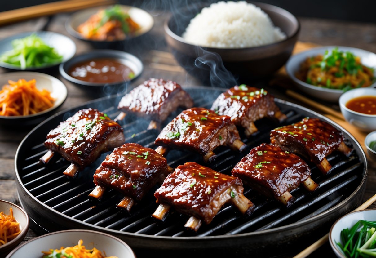 Grilled Korean BBQ short ribs on a charcoal grill with side dishes and rice on a wooden table.