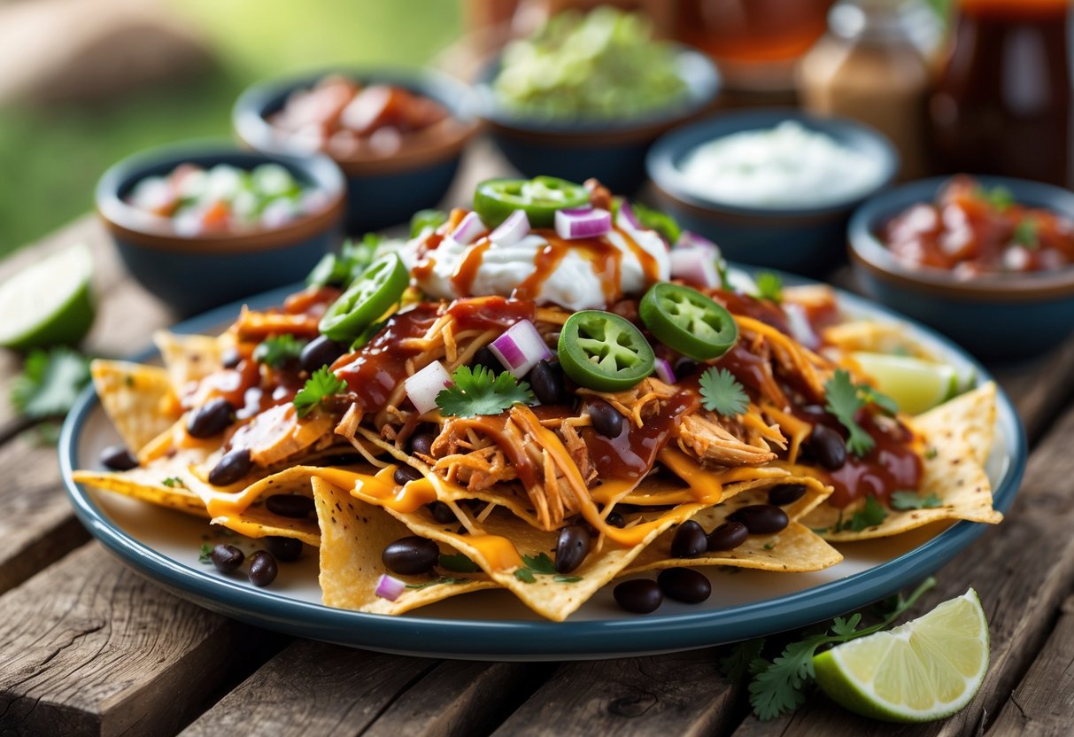 A plate of BBQ nachos topped with cheese, barbecue chicken, jalapeños, and sour cream on a wooden table with bowls of salsa, guacamole, and lime wedges nearby.