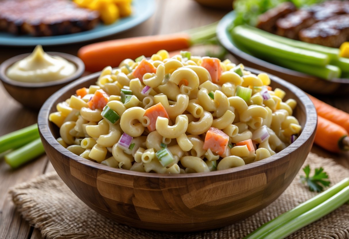 A bowl of creamy Hawaiian BBQ macaroni salad with visible vegetables on a wooden table, surrounded by fresh ingredients and a blurred BBQ plate in the background.